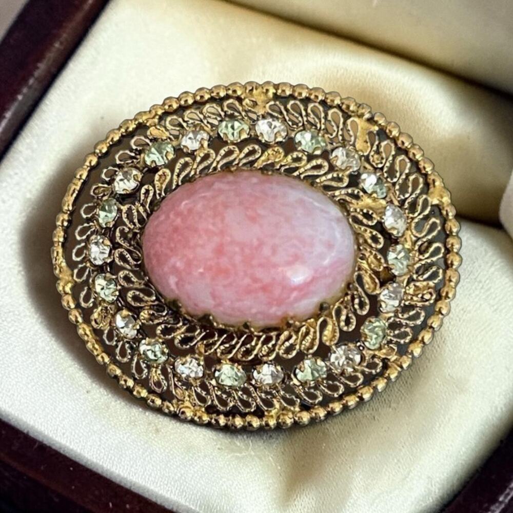 VTG Austria Pink Satin Glass Filigree Rhinestone Brooch Pin